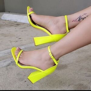 Womens Ankle Strap Chunky Block Heel Dress Sandals Neon Yellow Color